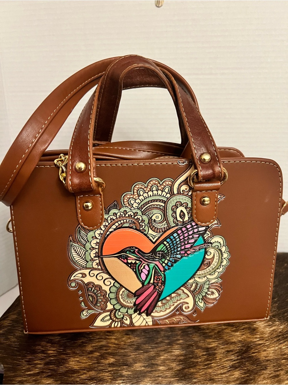 Small~Med Hummingbird Satchel Crossbody Tote with Tooled Leather Back